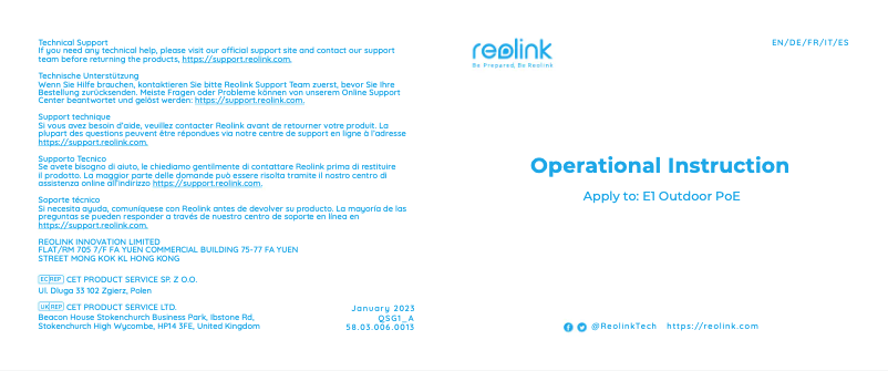 Página 1 del manual Manual de usuario Reolink E1 Outdoor PoE