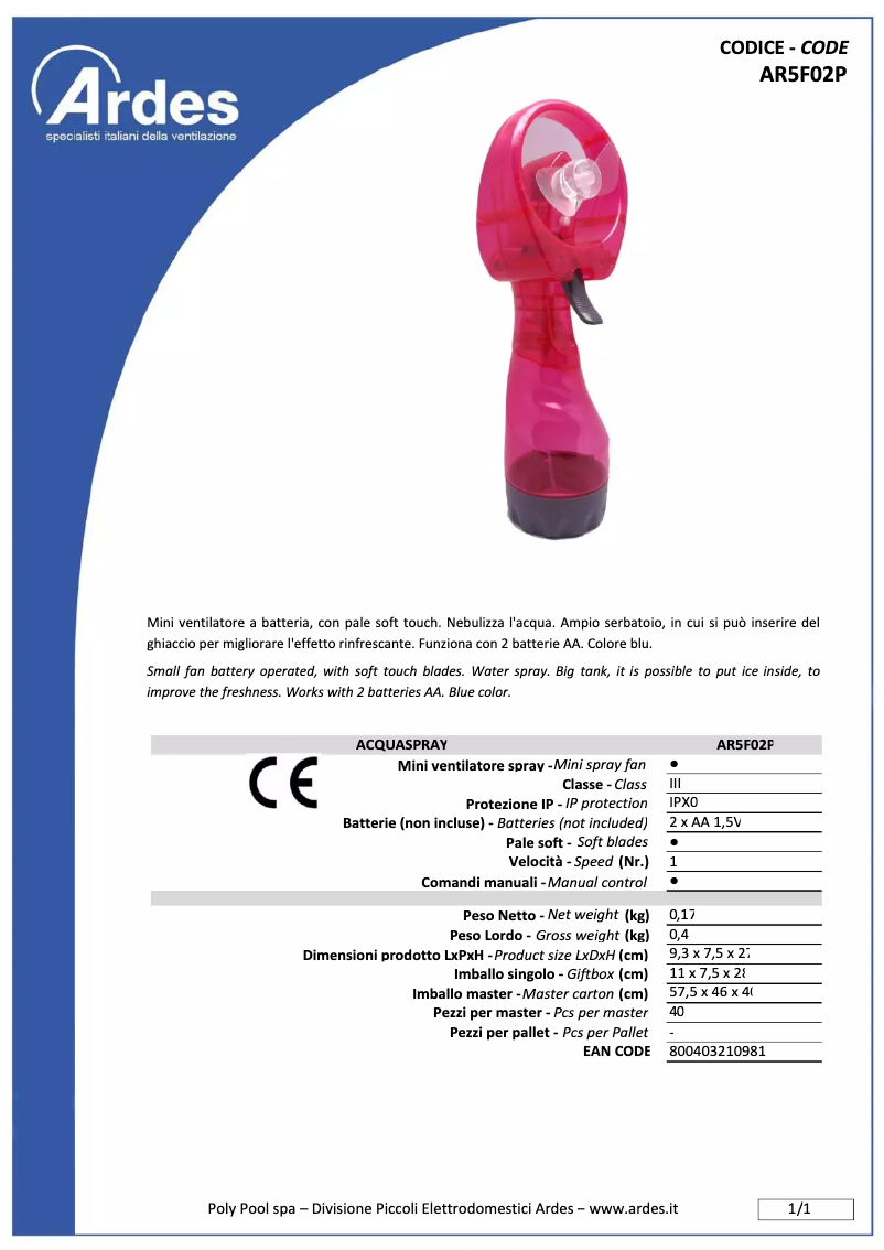 Página 1 del manual Ficha técnica Ardes AR5F02P