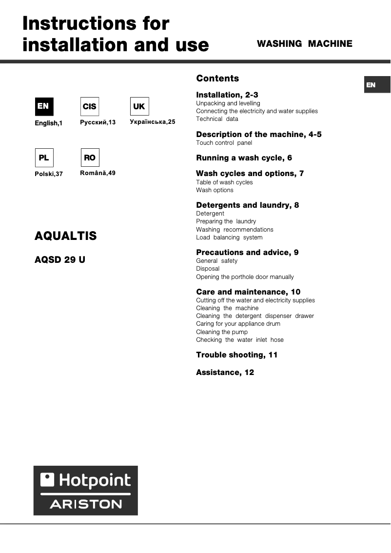 Imagen de la primera página del manual del dispositivo AQSD 29 U (EU)