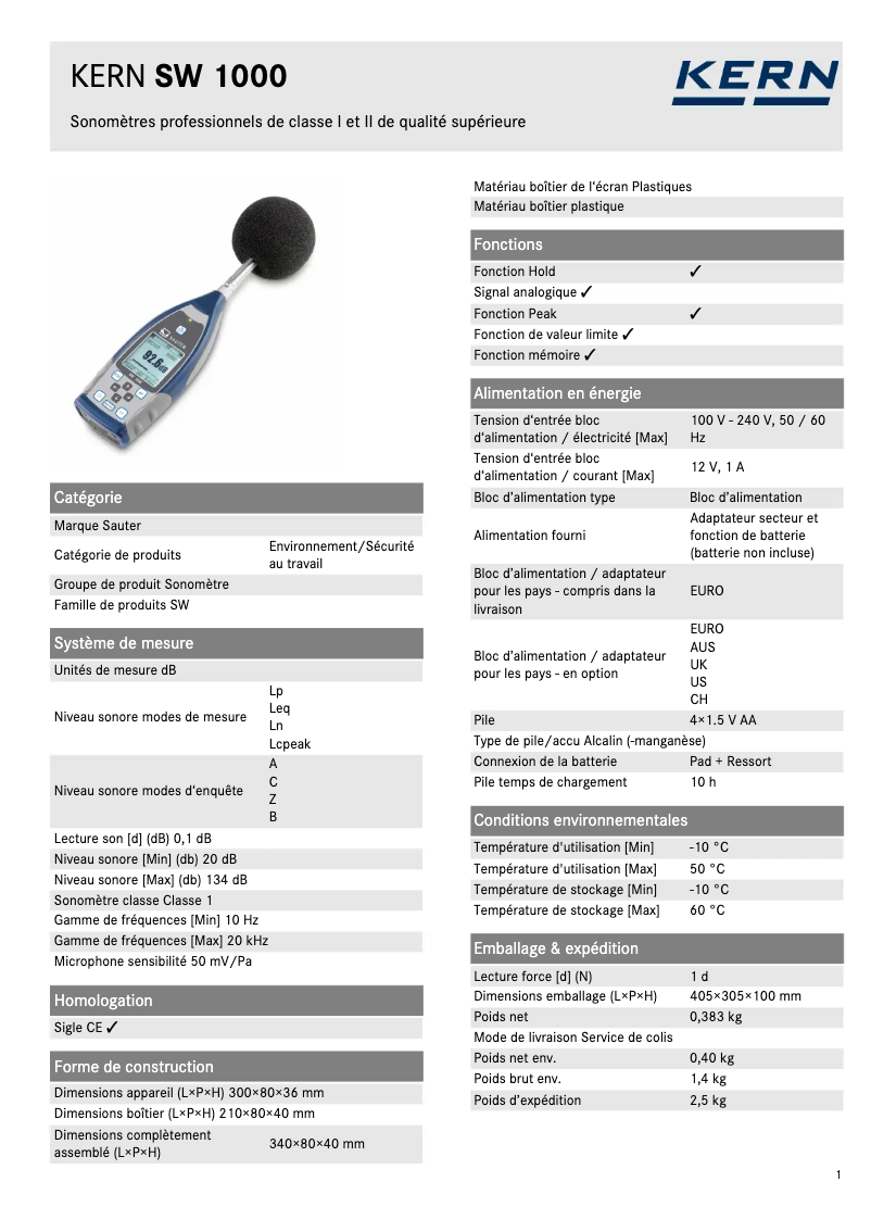 Página 1 del manual Ficha técnica Sauter SW 1000