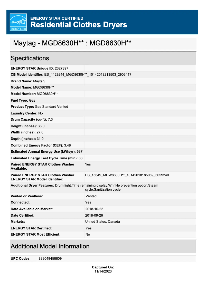 Página 1 del manual Etiqueta energética Maytag MGD8630HW