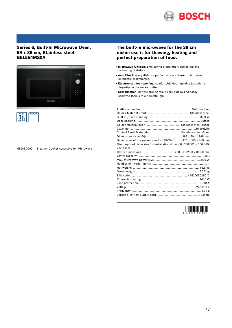 Página 1 del manual Ficha técnica Bosch BEL554MS0A