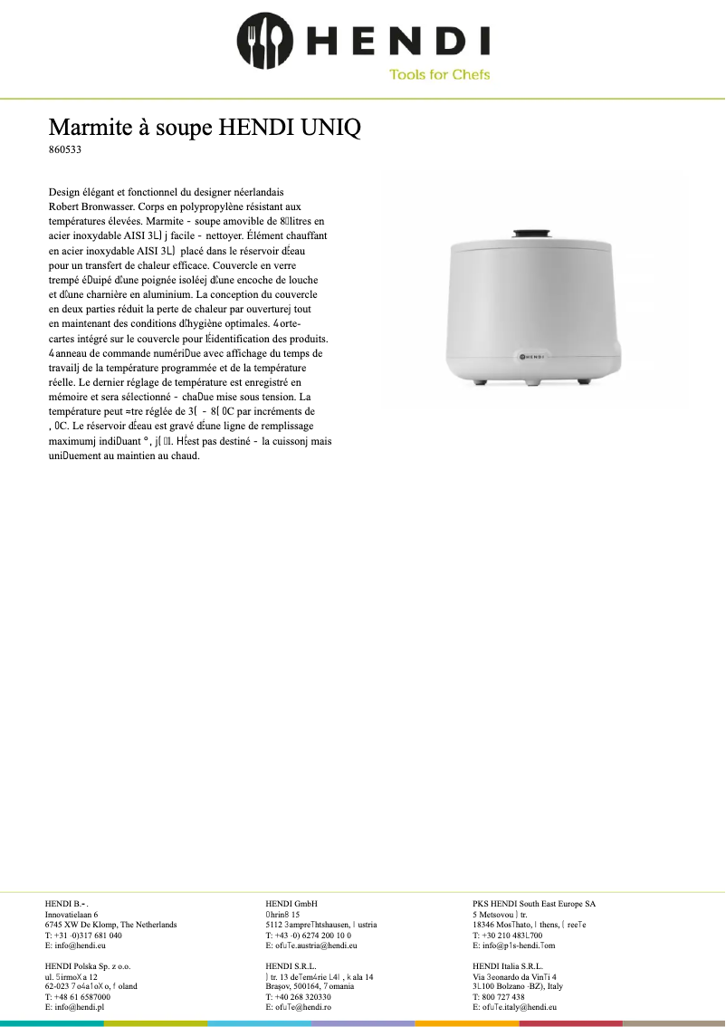 Página 1 del manual Ficha técnica Hendi Uniq 860557