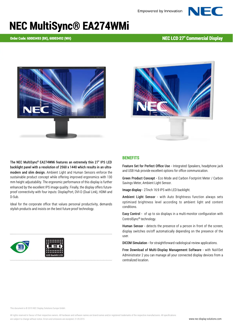 Imagen de la primera página del manual del dispositivo MultiSync EA274WMi