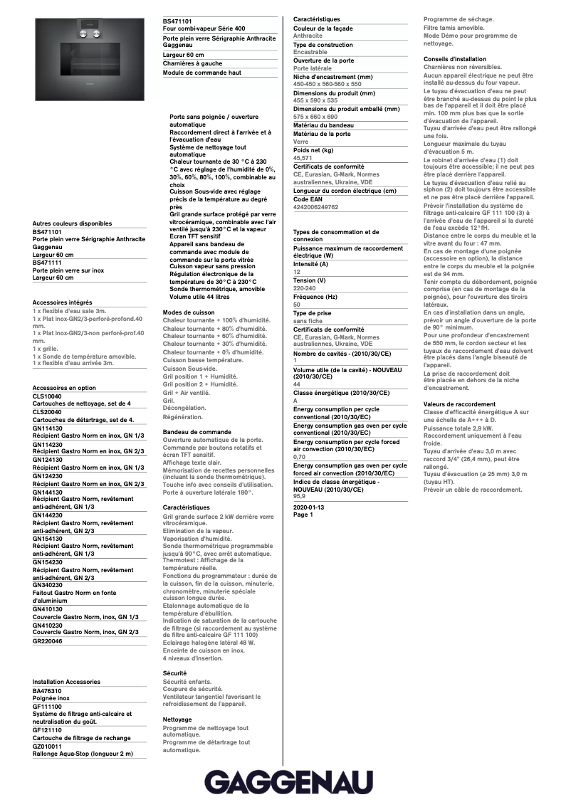 Página 1 del manual Ficha técnica Gaggenau BS471101