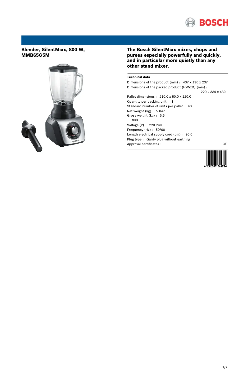 Página 1 del manual Ficha técnica Bosch SilentMixx MMB65G5M