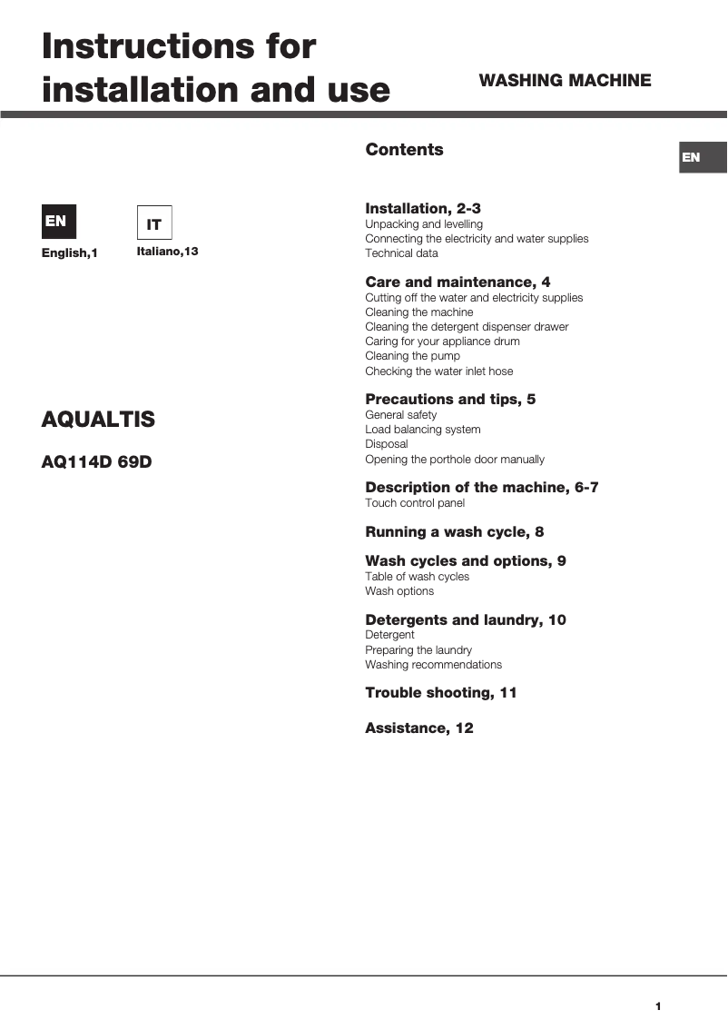 Página 1 del manual Manual de usuario Hotpoint Ariston AQ114D 69D IT