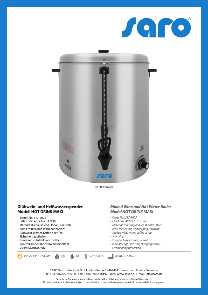 Página nº 1 - Manual de usuario Saro HOT DRINK MAXI 317-2005