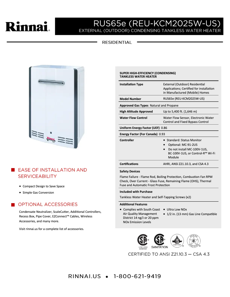 Página 1 del manual Ficha técnica Rinnai RUS65eN