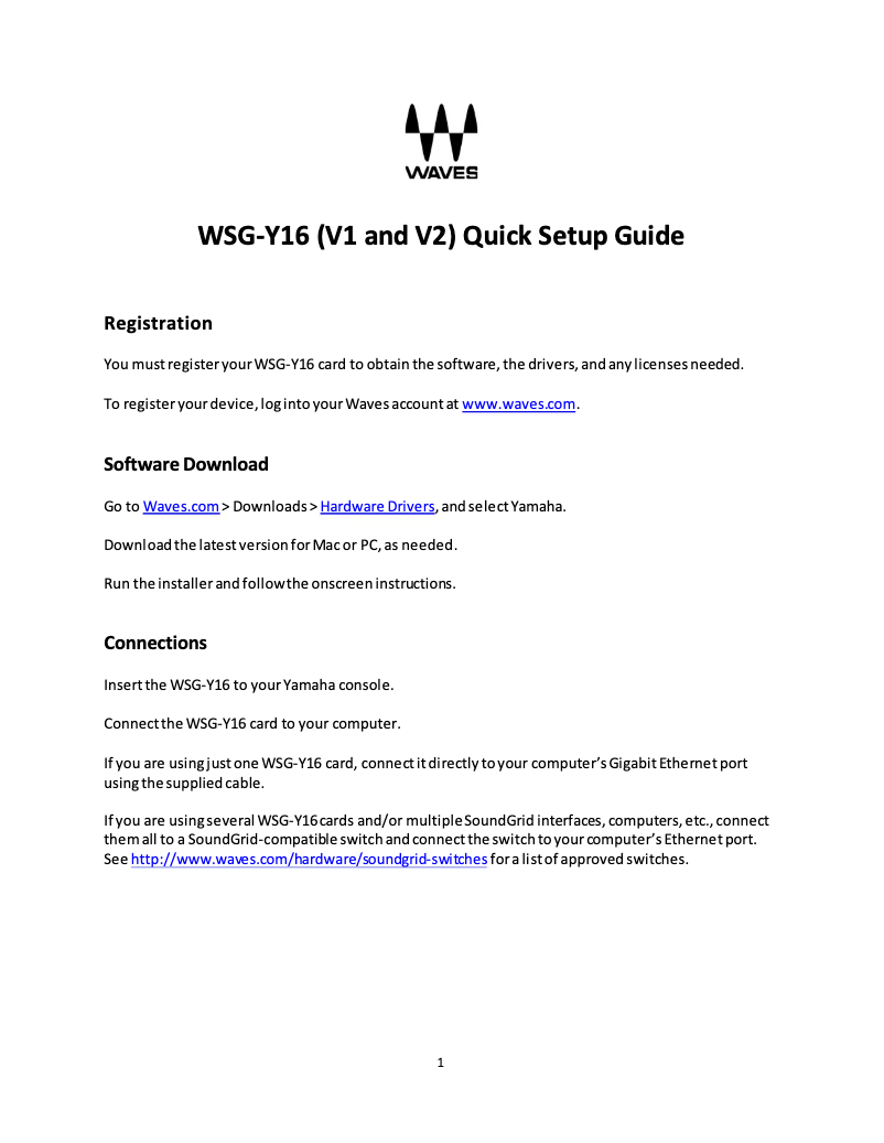 Imagen de la primera página del manual del dispositivo Waves WSG-Y16 V2