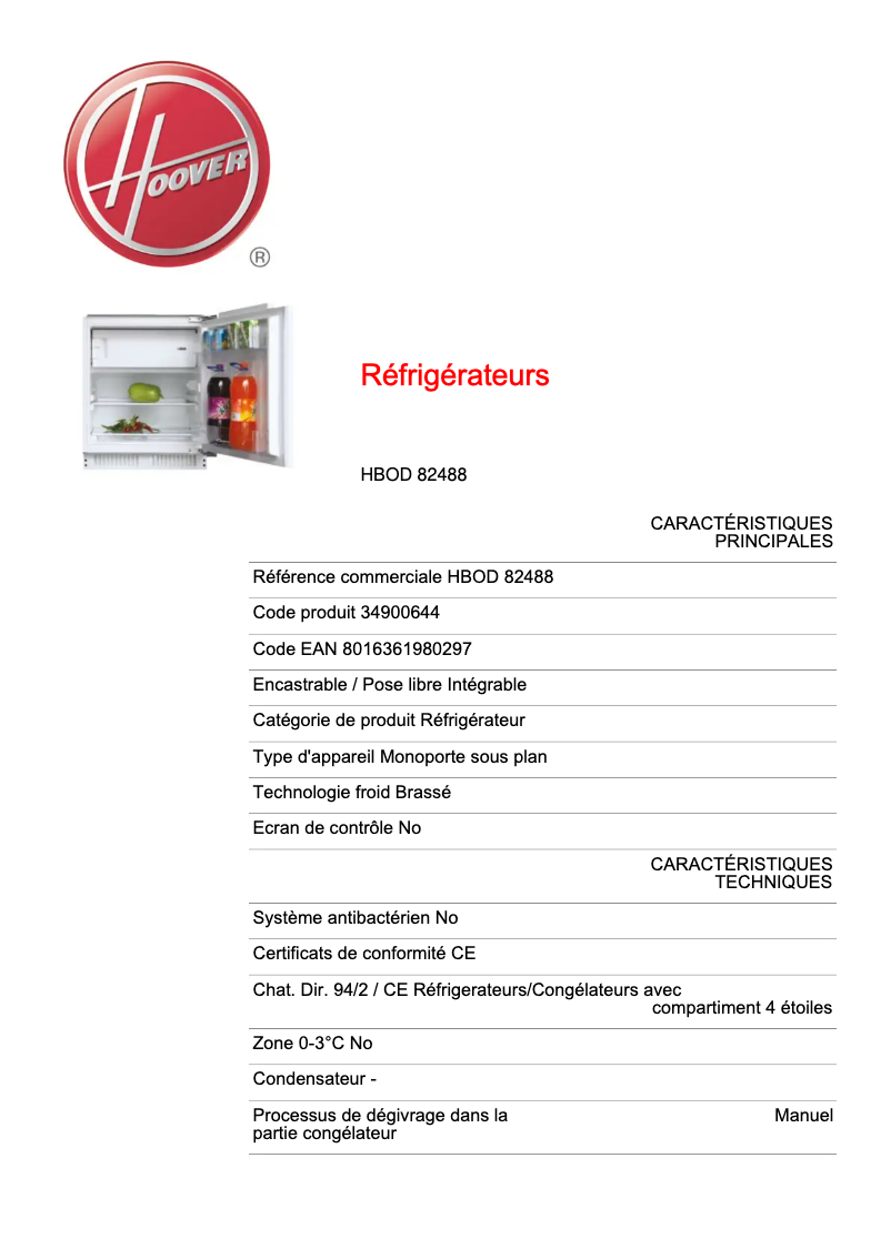 Página 1 del manual Ficha técnica Hoover HBOD 82488