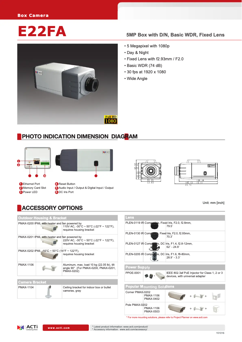 Página 1 del manual Ficha técnica ACTi E22FA