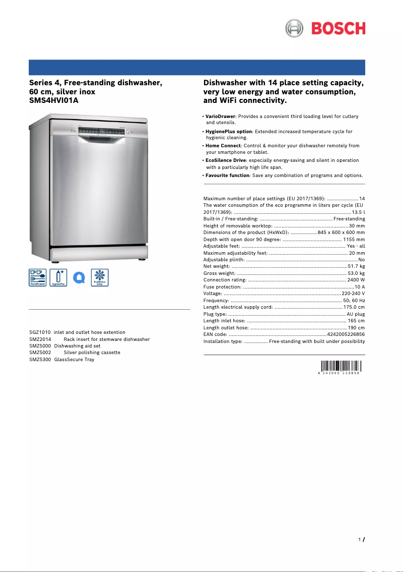 Página 1 del manual Ficha técnica Bosch SMS4HVI01A