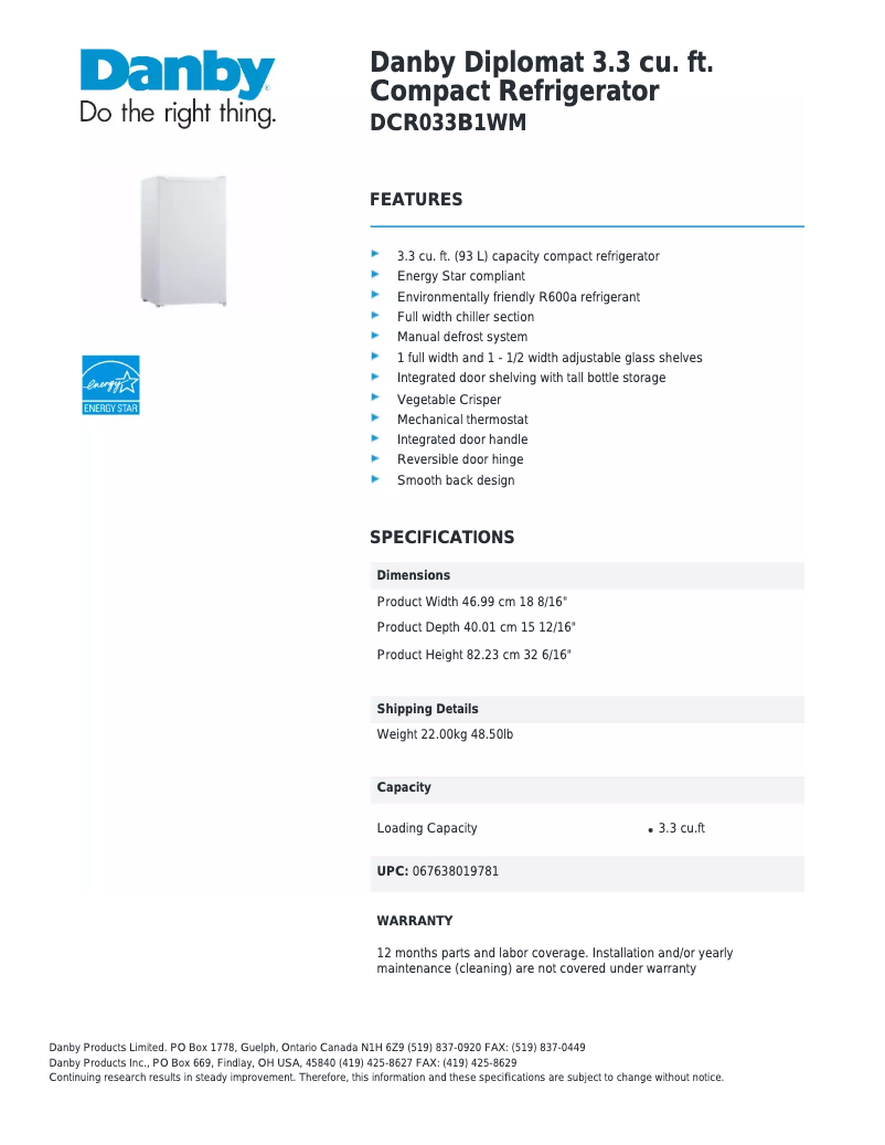 Página 1 del manual Ficha técnica Danby Diplomat DCR033B1WM