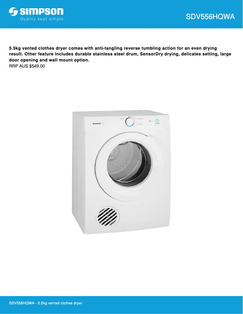 Página 1 del manual Ficha técnica Simpson SDV556HQWA