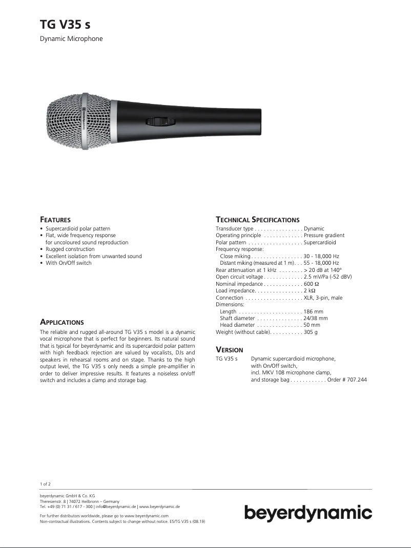Página 1 del manual Ficha técnica Beyerdynamic TG V35 s