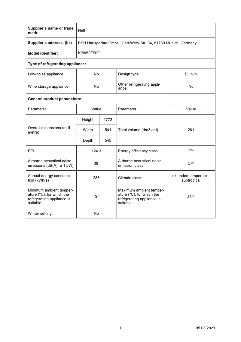 Página 1 del manual Ficha técnica Neff KI5852FF0G