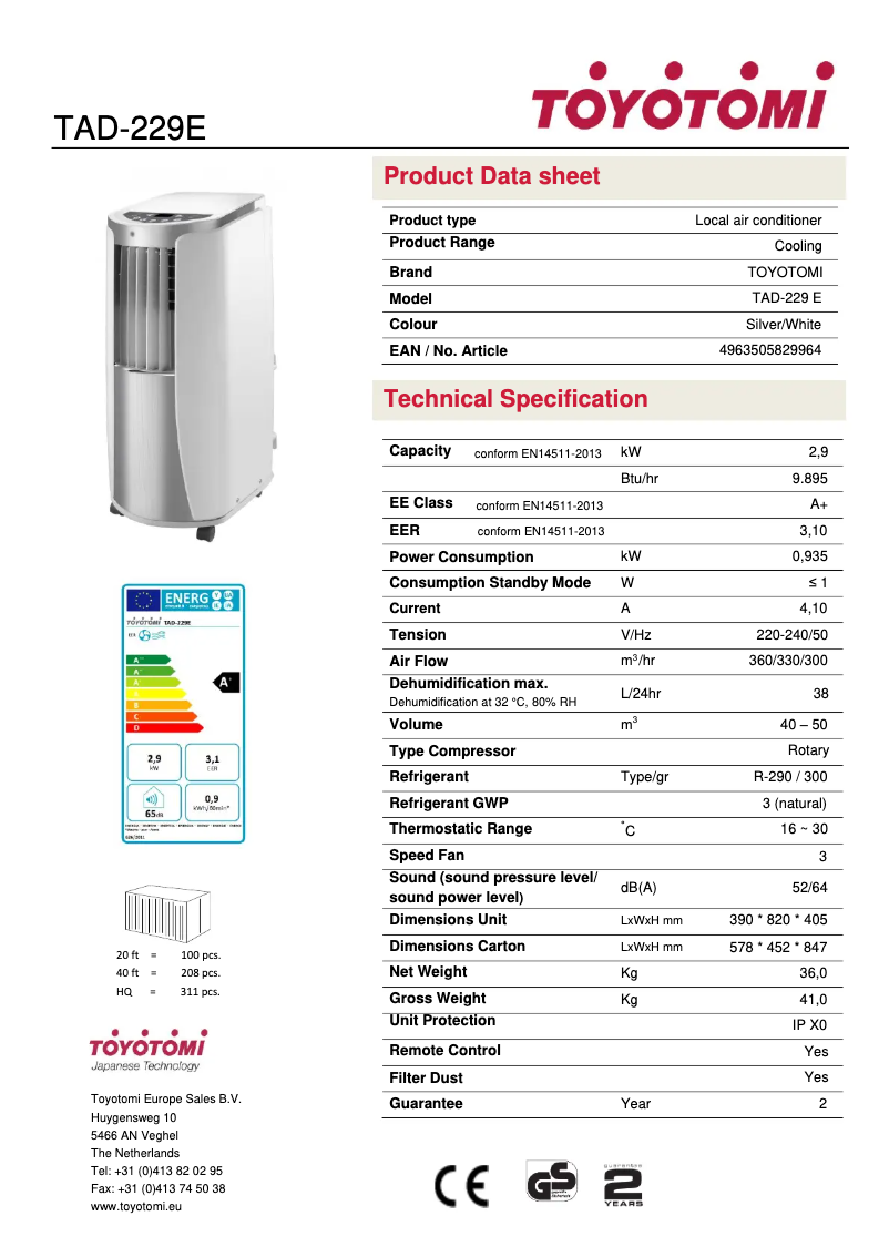 Página 1 del manual Ficha técnica Toyotomi TAD-229E