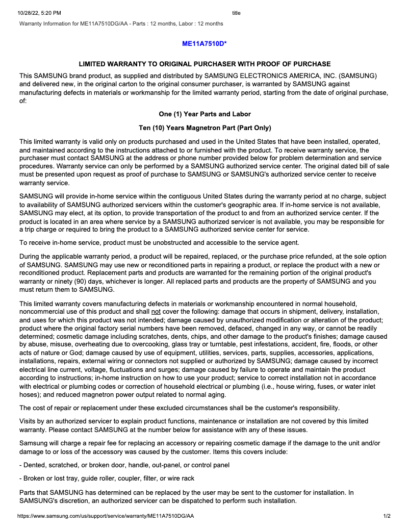 Página 1 del manual Información de garantía Samsung ME11A7510DG