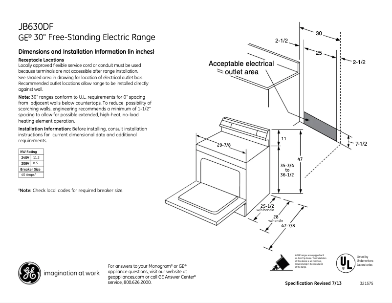 Página 1 del manual Ficha técnica GE JB630DFWW