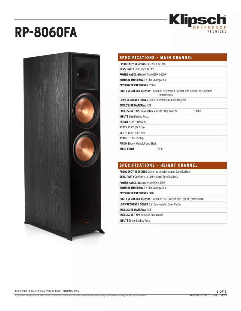 Página 1 del manual Ficha técnica Klipsch Reference Premiere RP-8060FA