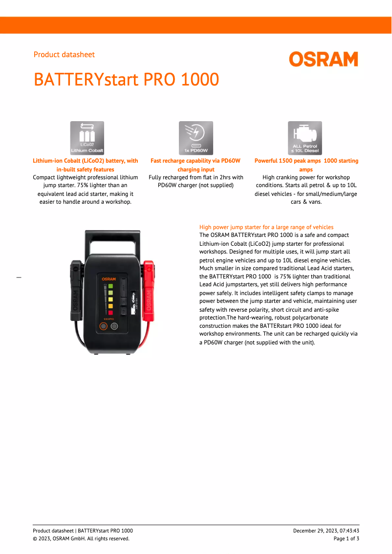 Página 1 del manual Ficha técnica Osram BATTERYstart PRO 1000