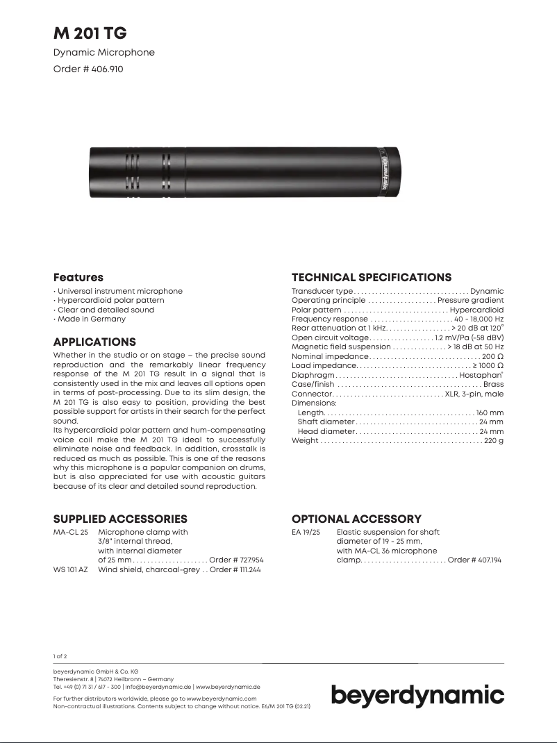 Página 1 del manual Ficha técnica Beyerdynamic M 201
