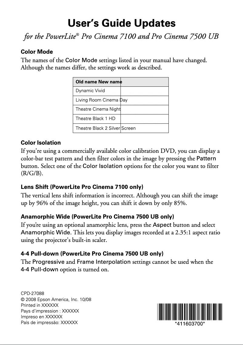 Página 1 del manual Manual de usuario Epson PowerLite Pro Cinema 7100