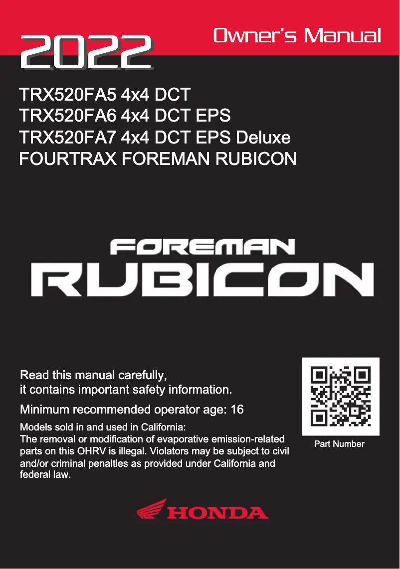 Imagen de la primera página del manual del dispositivo FourTrax Foreman Rubicon TRX520FA (2022)
