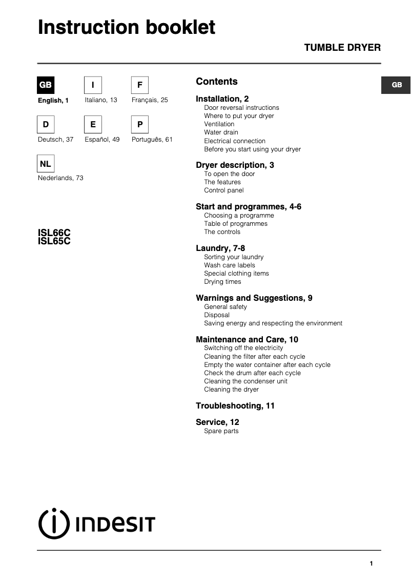 Página 1 del manual Manual de usuario Indesit ISL 66 C
