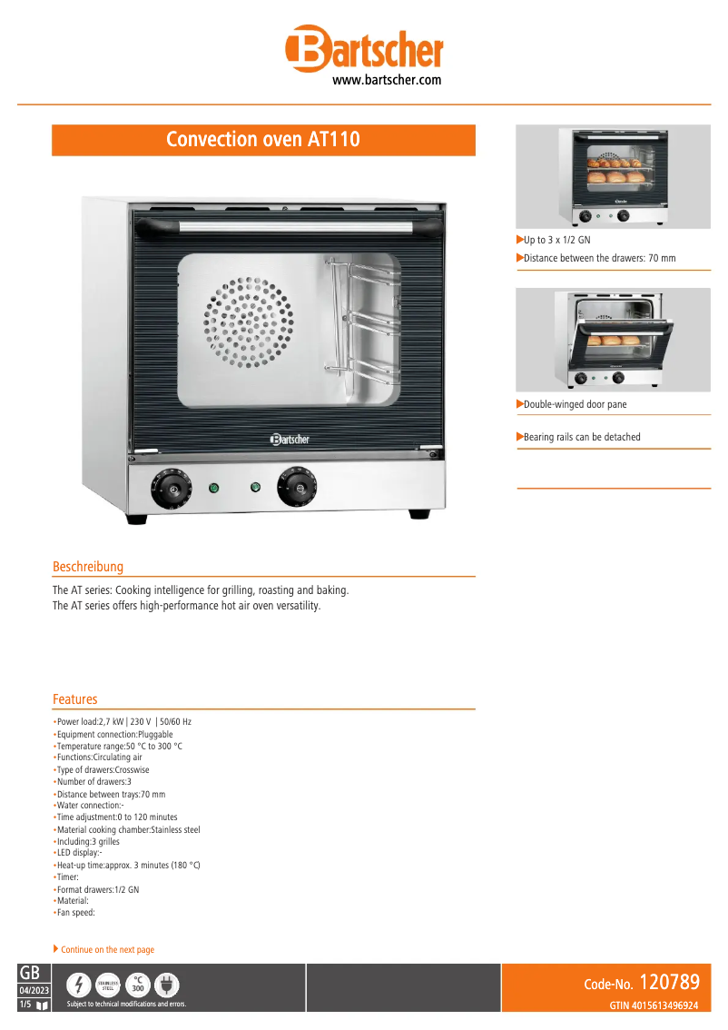 Página nº 1 - Ficha técnica Bartscher AT110