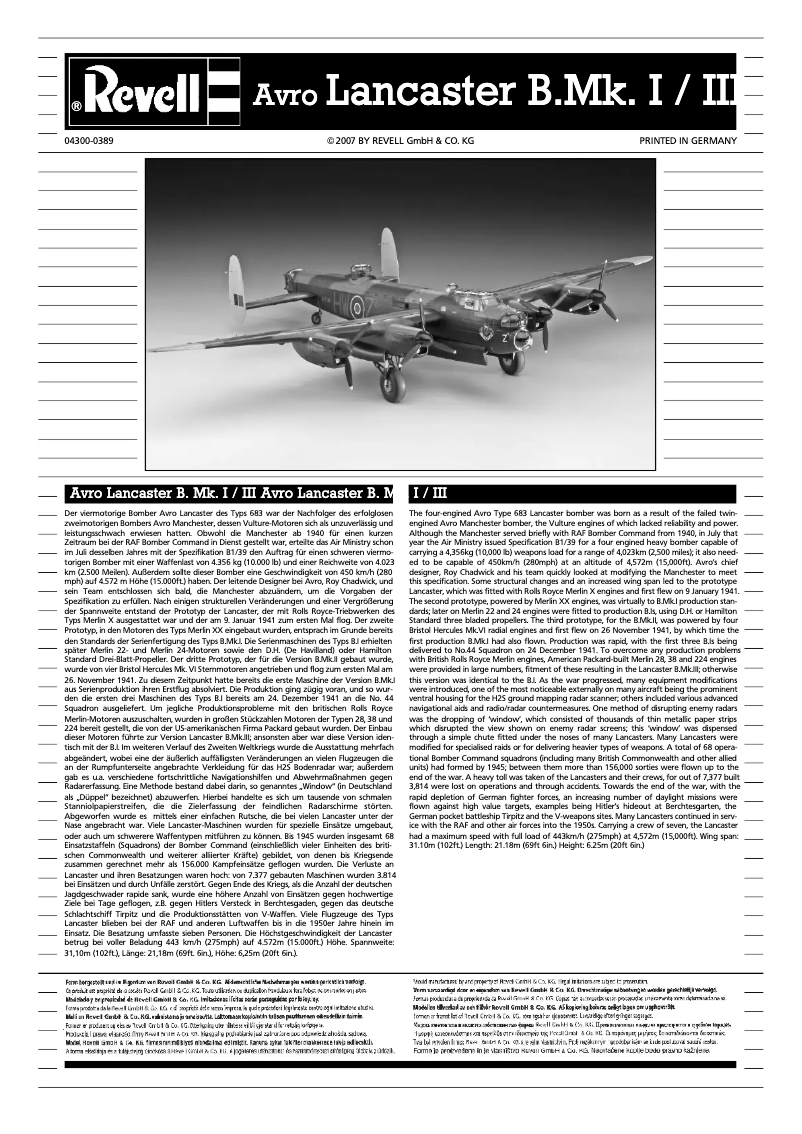 Imagen de la primera página del manual del dispositivo Avro Lancaster Mk.I/III