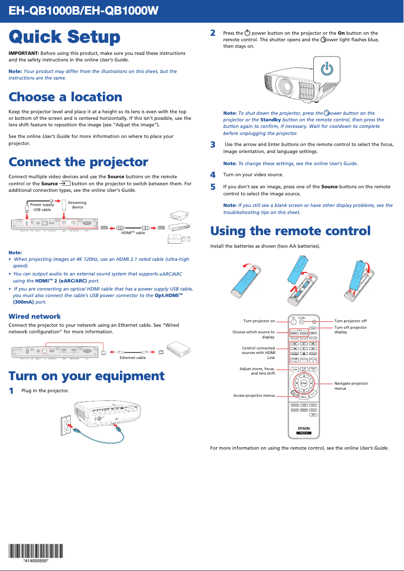 Imagen de la primera página del manual del dispositivo Pro Cinema EH-QB1000W