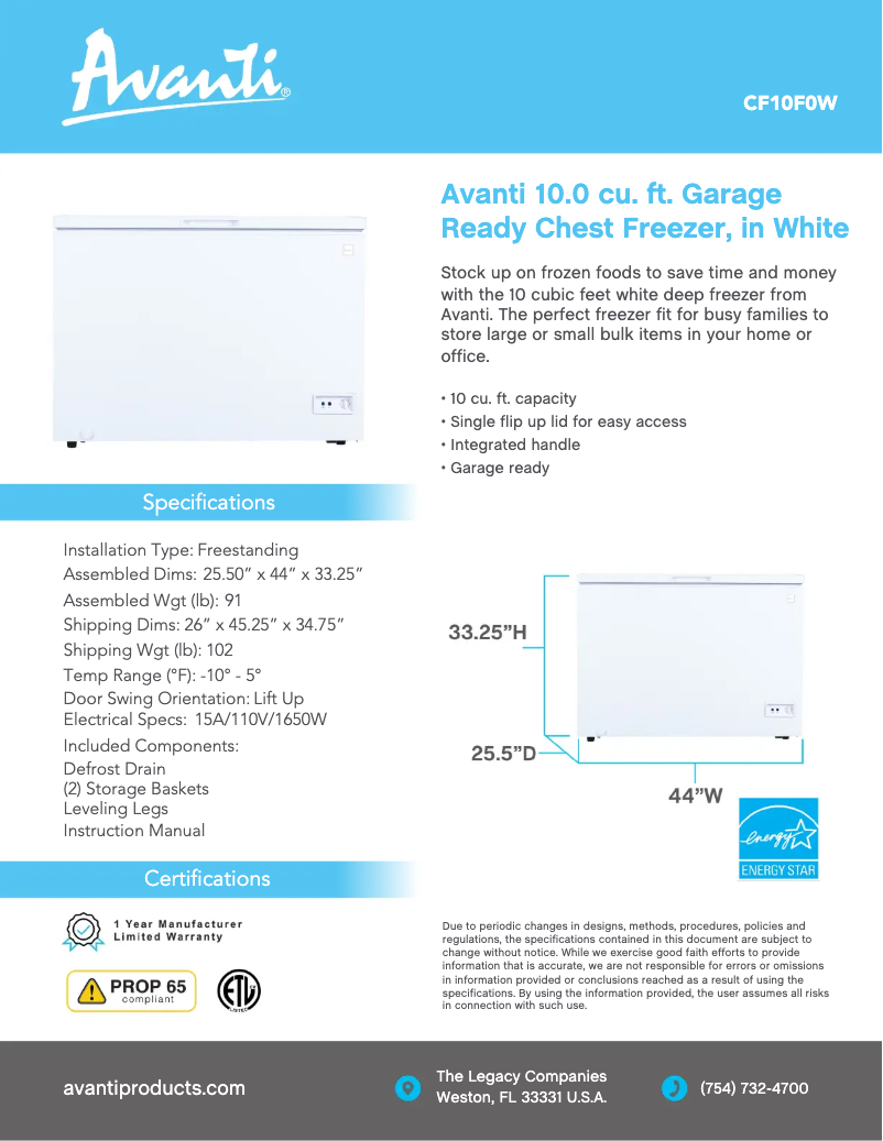 Página 1 del manual Ficha técnica Avanti CF10F0W