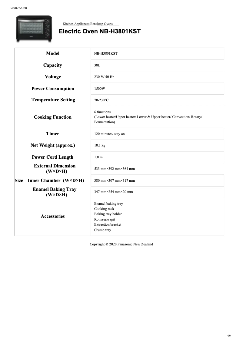 Página 1 del manual Ficha técnica Panasonic NB-H3801