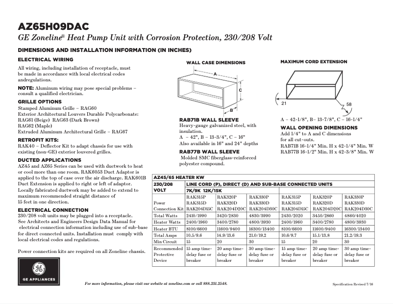 Página 1 del manual Ficha técnica GE AZ65H09DAC