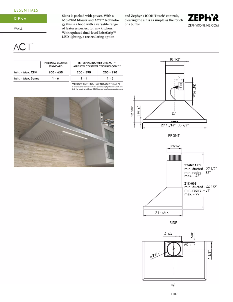 Página 1 del manual Ficha técnica Zephyr ZSIE36BS