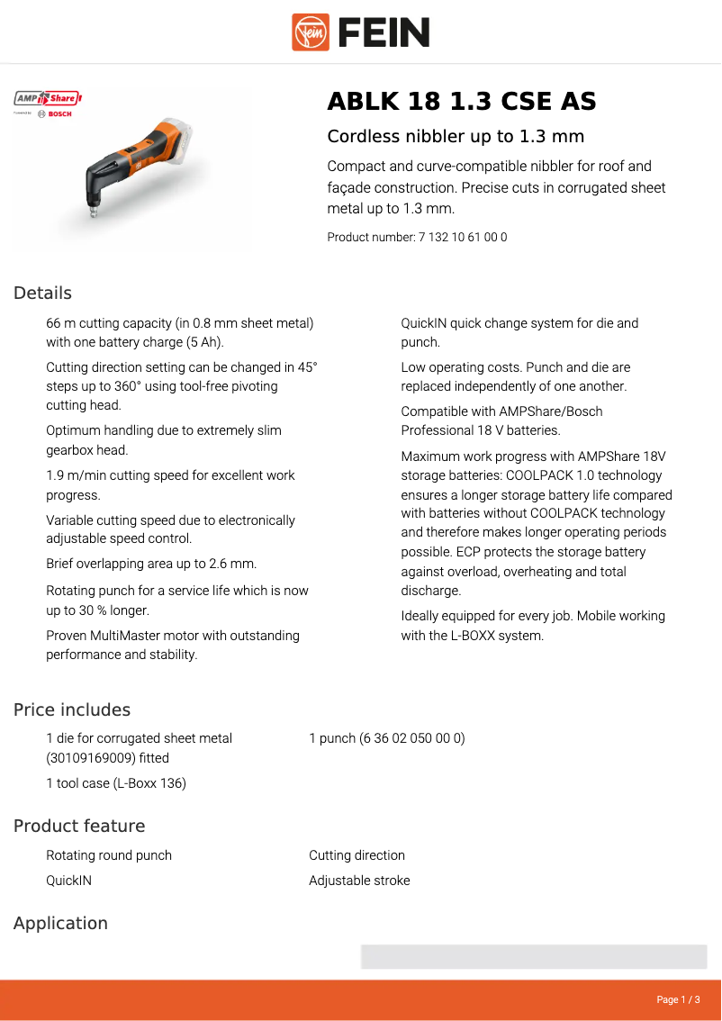 Página 1 del manual Ficha técnica Fein ABLK 18 1.3 CSE AS