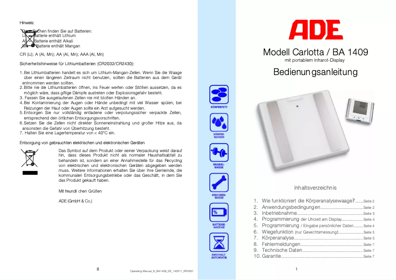 Imagen de la primera página del manual del dispositivo Carlotta BA 1409