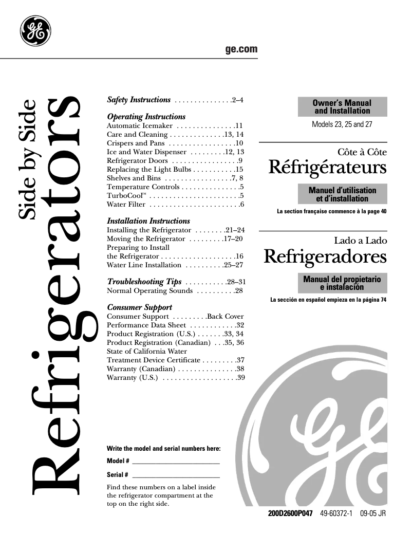 Página 1 del manual Manual de uso y mantenimiento GE GSS25LGPWW