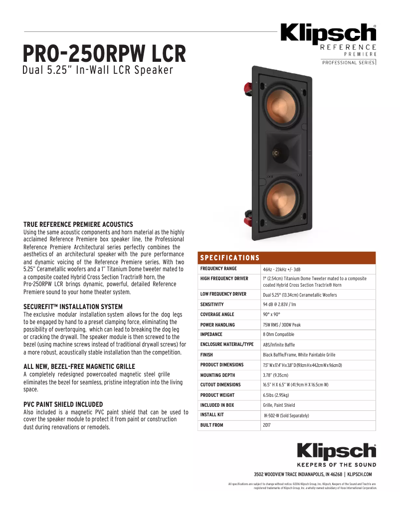 Página 1 del manual Manual de usuario Klipsch PRO-250RPW LCR