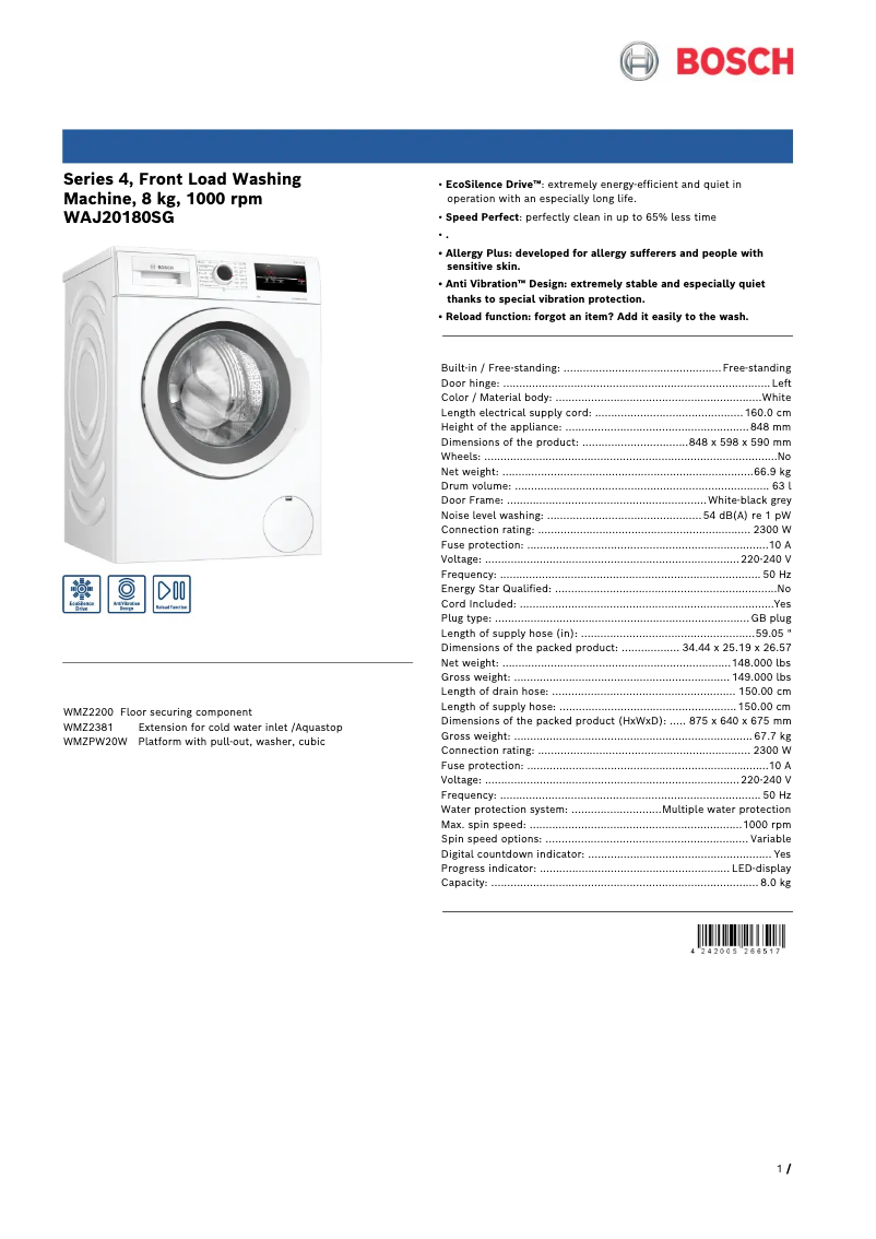 Imagen de la primera página del manual del dispositivo WAJ20180SG