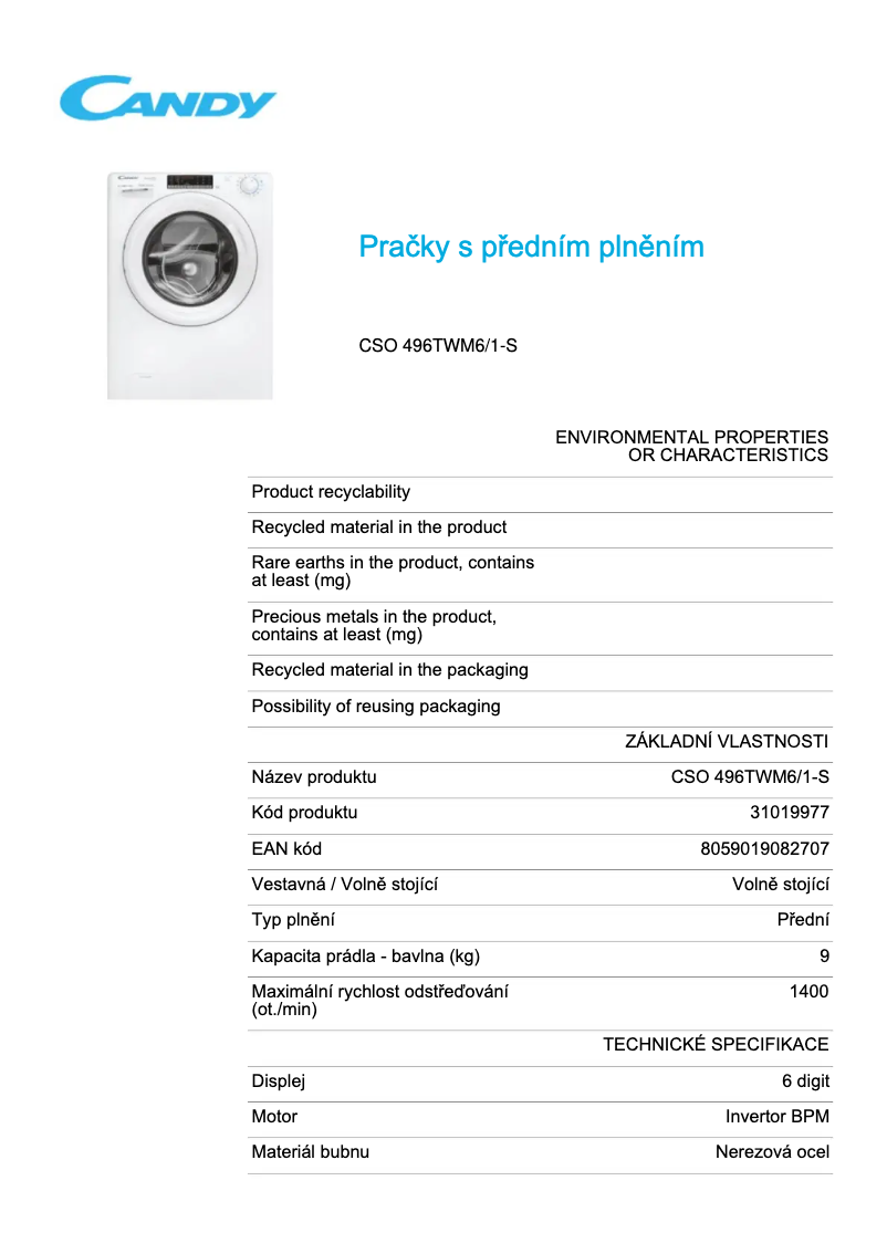 Página 1 del manual Ficha técnica Candy CSO 496TWM6/1-S