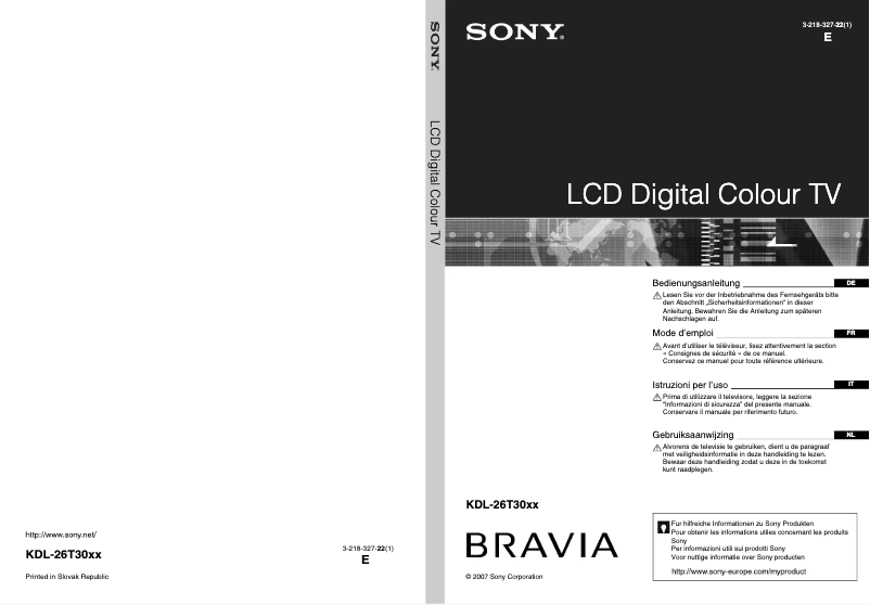 Imagen de la primera página del manual del dispositivo KDL-26T3000