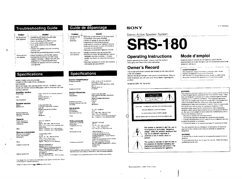 Imagen de la primera página del manual del dispositivo SRS-180