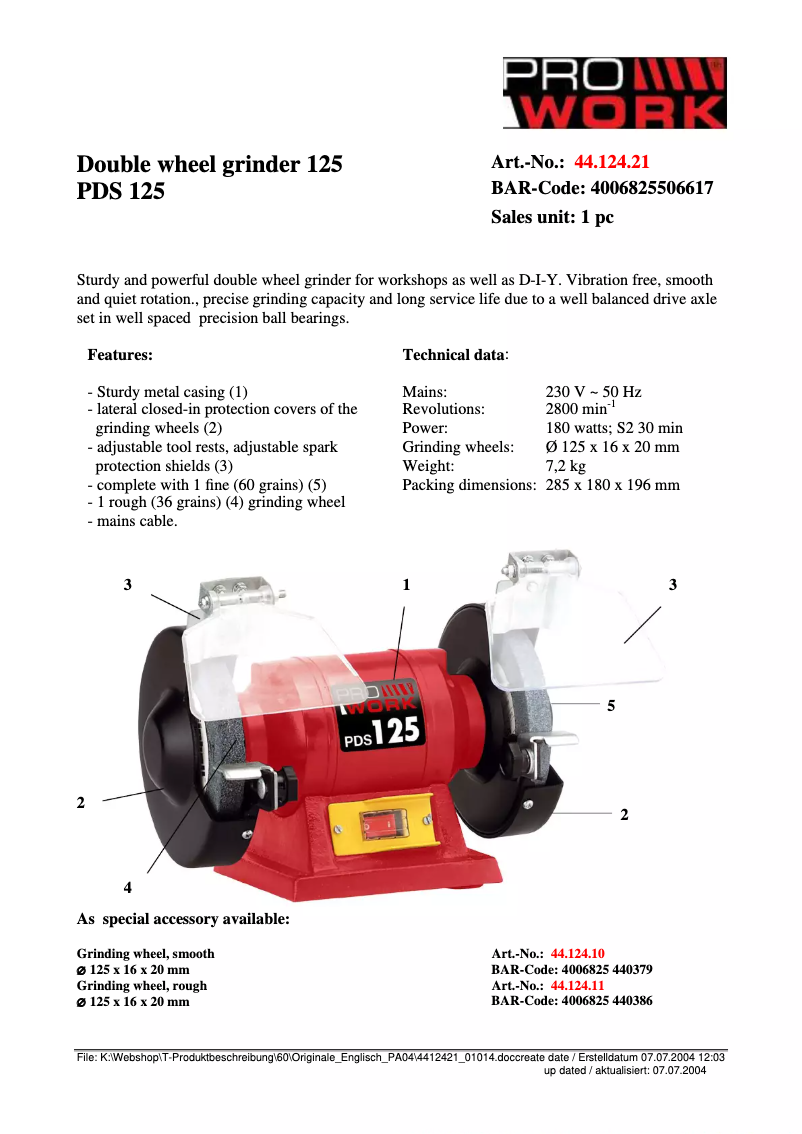 Página 1 del manual Ficha técnica Prowork PDS 125