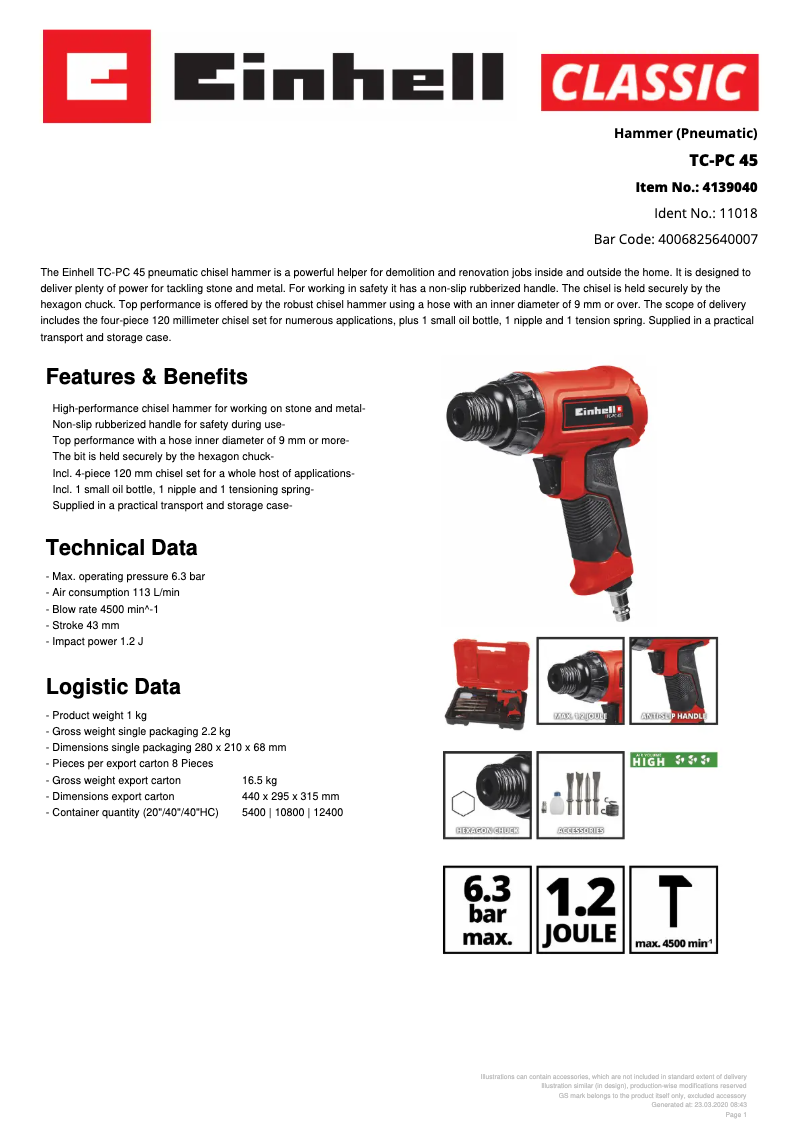 Página 1 del manual Ficha técnica Einhell TC-PC 45