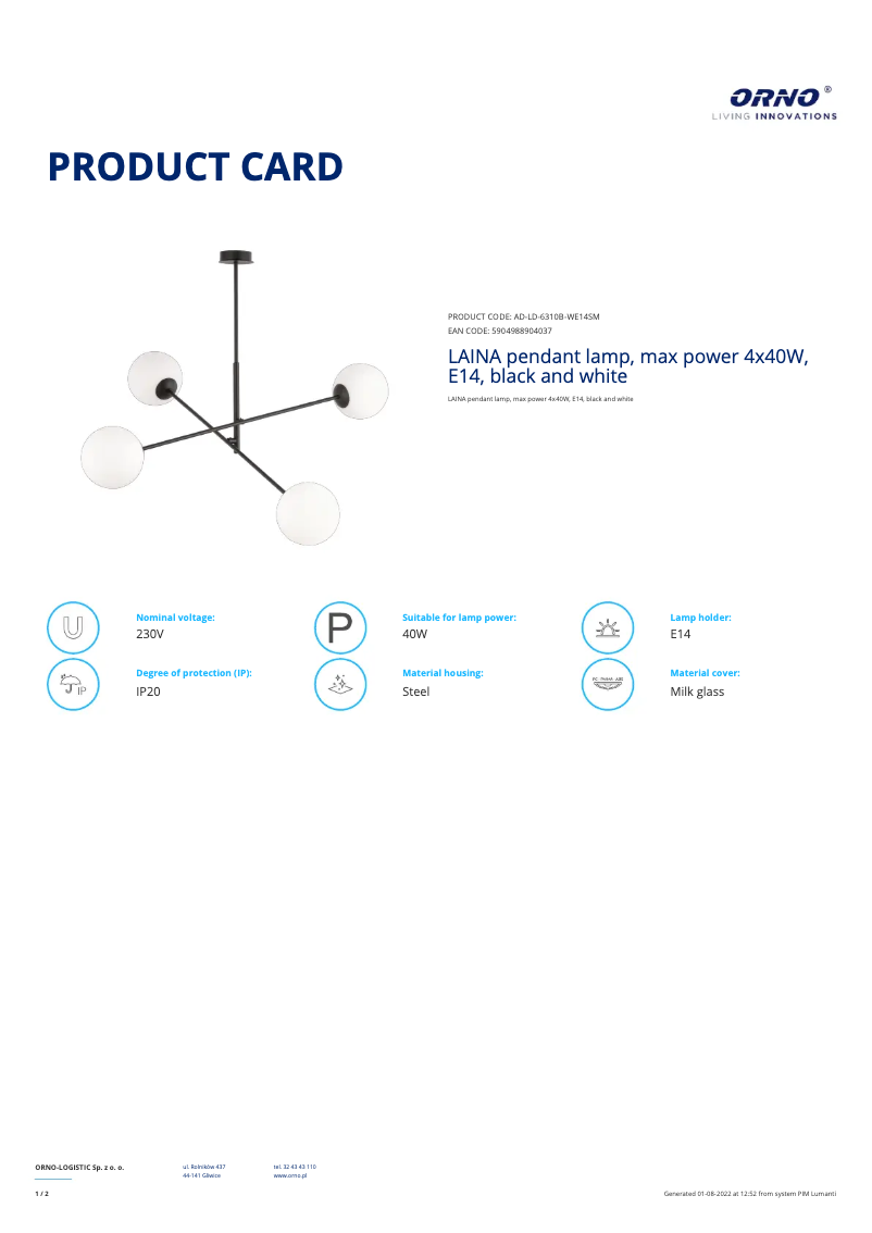 Página 1 del manual Ficha técnica Adviti AD-LD-6310B-WE14SM