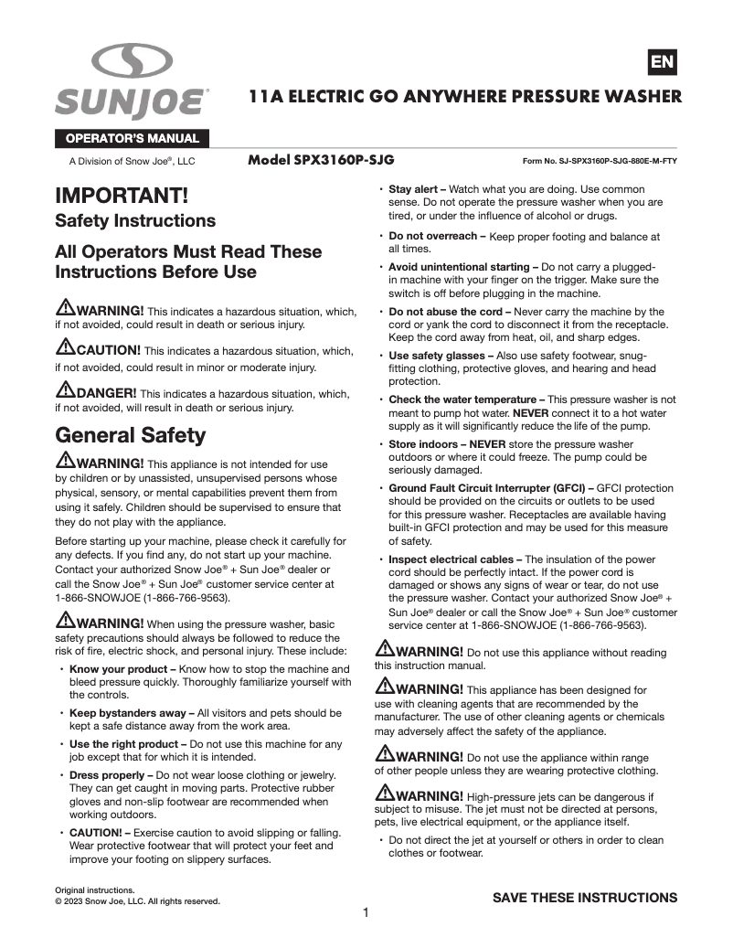 Página nº 1 - Manual de usuario Sun Joe SPX3160