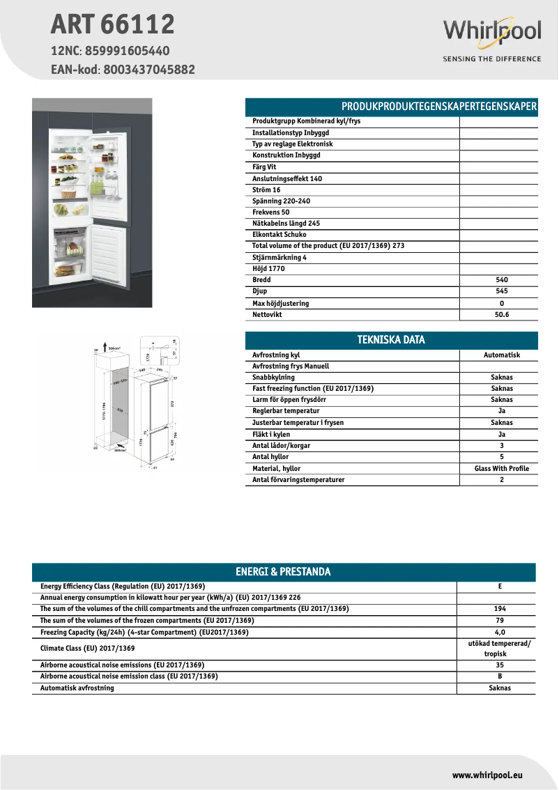 Página 1 del manual Ficha técnica Whirlpool ART 66112